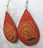 Hand Painted Tattoo Rose Real Leather Teardrop Shaped Earrings