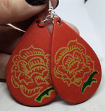 Hand Painted Tattoo Rose Real Leather Teardrop Shaped Earrings