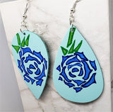 Hand Painted Tattoo Rose Real Leather Topsy Turvy Teardrop Shaped Earrings