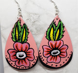 Hand Painted Flower on Salmon Colored Real Leather Teardrop Shaped Earrings