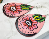 Hand Painted Flower on Salmon Colored Real Leather Teardrop Shaped Earrings