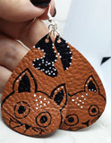 Hand Painted Cat on Brown Real Leather Teardrop Shaped Earrings