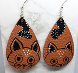 Hand Painted Cat on Brown Real Leather Teardrop Shaped Earrings