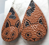 Hand Painted Cat on Brown Real Leather Teardrop Shaped Earrings