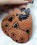 Hand Painted Cat on Brown Real Leather Teardrop Shaped Earrings