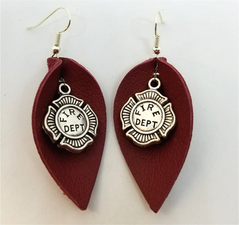 Burnt Red REAL Leather Earrings with Fire Department Shield Charms