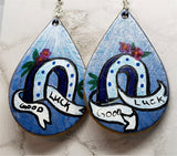 Hand Painted Good Luck Horseshoe Real Leather Teardrop Shaped Earrings