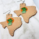 Texas Shaped Real Leather Earrings with Cactus Embellishment