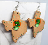 Texas Shaped Real Leather Earrings with Cactus Embellishment
