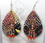 Colorful Snakeskin Real Leather Earrings with a Copper Chandelier Overlay and Swarovski Crystal Dangles