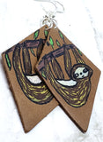Hand Painted Sloth Real Leather Diamond Shaped Earrings