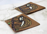 Hand Painted Sloth Real Leather Diamond Shaped Earrings