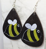 Hand Painted Bumblebee Real Leather Teardrop Earrings