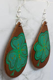 Hand Painted Shamrock Four Leaf Clover Real Leather Teardrop Earrings
