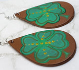 Hand Painted Shamrock Four Leaf Clover Real Leather Teardrop Earrings