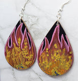 Hand Painted Flames on Black Real Leather Teardrop Shaped Earrings