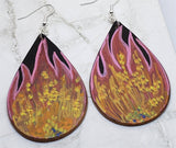 Hand Painted Flames on Black Real Leather Teardrop Shaped Earrings