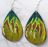 Hand Painted Flames on Black FAUX Leather Teardrop Shaped Earrings