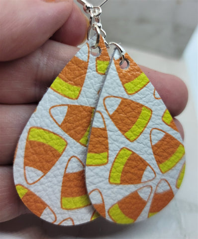 Candy Corn Printed White Real Leather Teardrop Earrings