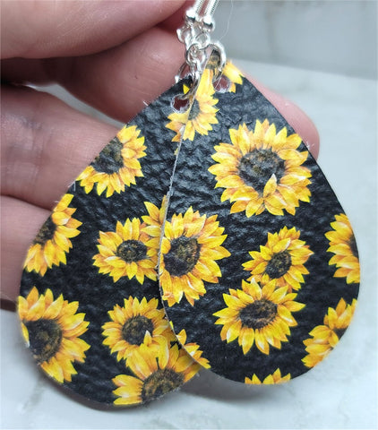 Sunflowers Printed on Black Real Leather Teardrop Earrings