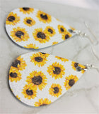 Sunflowers Printed on White Real Leather Teardrop Earrings