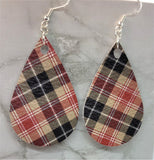Red, Tan and Black Plaid Real Leather Teardrop Earrings with Surgical Steel Earwires