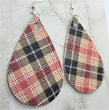 Red, Tan and Black Plaid Real Leather Teardrop Earrings with Surgical Steel Earwires