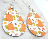 Autumnal Pumpkins Printed on White Real Leather Teardrop Earrings
