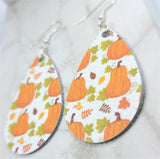 Autumnal Pumpkins Printed on White Real Leather Teardrop Earrings
