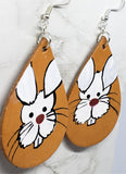 Hand Painted White Bunny Leather Teardrop Shaped Earrings