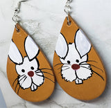 Hand Painted White Bunny Leather Teardrop Shaped Earrings