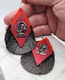 CLEARANCE Brown Fringed and Red Diamond Layered Real Leather Earrings with Cactus Charms