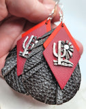 CLEARANCE Brown Fringed and Red Diamond Layered Real Leather Earrings with Cactus Charms