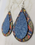Faux Leather Funky Pattern Teardrop Earrings with Real Denim-Style Leather Overlay
