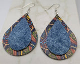 Faux Leather Funky Pattern Teardrop Earrings with Real Denim-Style Leather Overlay