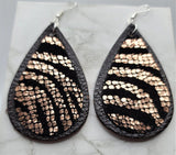 Expresso Brown Leather Teardrops with Black Suede and Metallic Gold Zebra Patterned Real Leather Teardrop Overlay Earrings