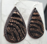 Expresso Brown Leather Teardrops with Black Suede and Metallic Gold Zebra Patterned Real Leather Teardrop Overlay Earrings