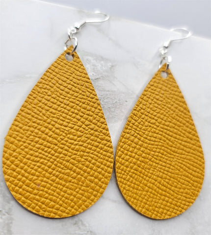 Mustard Yellow Textured Teardrop Shaped Leather Earrings