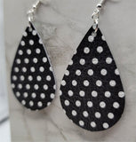 Black with White Polka Dots Tear Drop Shaped Real Leather Earrings