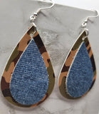 Faux Leather Camouflage Teardrop Earrings with Real Denim-Style Leather Overlay