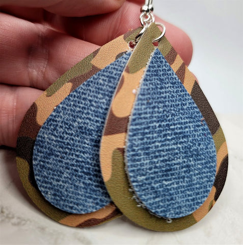 Faux Leather Camouflage Teardrop Earrings with Real Denim-Style Leather Overlay