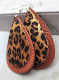 Layered Brown Teardrop Leather Earrings with Leopard Print Patterned Leather Overlay