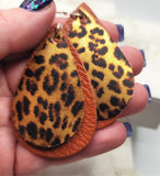Layered Brown Teardrop Leather Earrings with Leopard Print Patterned Leather Overlay