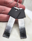 Silver Metallic Finished Long Rectangular Real Leather Earrings with Black Leather Squares