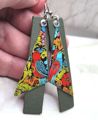 Olive Green Real Leather Strip Earrings with Colorful Triangle Bird Charms