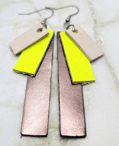 Shimmering and Neon Color Block Real Leather Strip Earrings