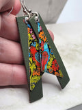 Olive Green Real Leather Strip Earrings with Colorful Triangle Bird Charms