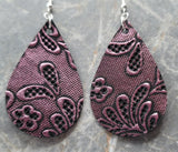 Beautifully Floral Embossed Metallic Purple Teardrop Shaped Real Leather Earrings