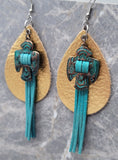 Metallic Gold Finished Tear Drop Shaped Real Leather Earrings with Thunderbird Metal and Turquoise Suede Overlays