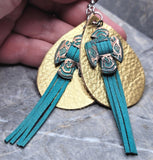 Metallic Gold Finished Tear Drop Shaped Real Leather Earrings with Thunderbird Metal and Turquoise Suede Overlays